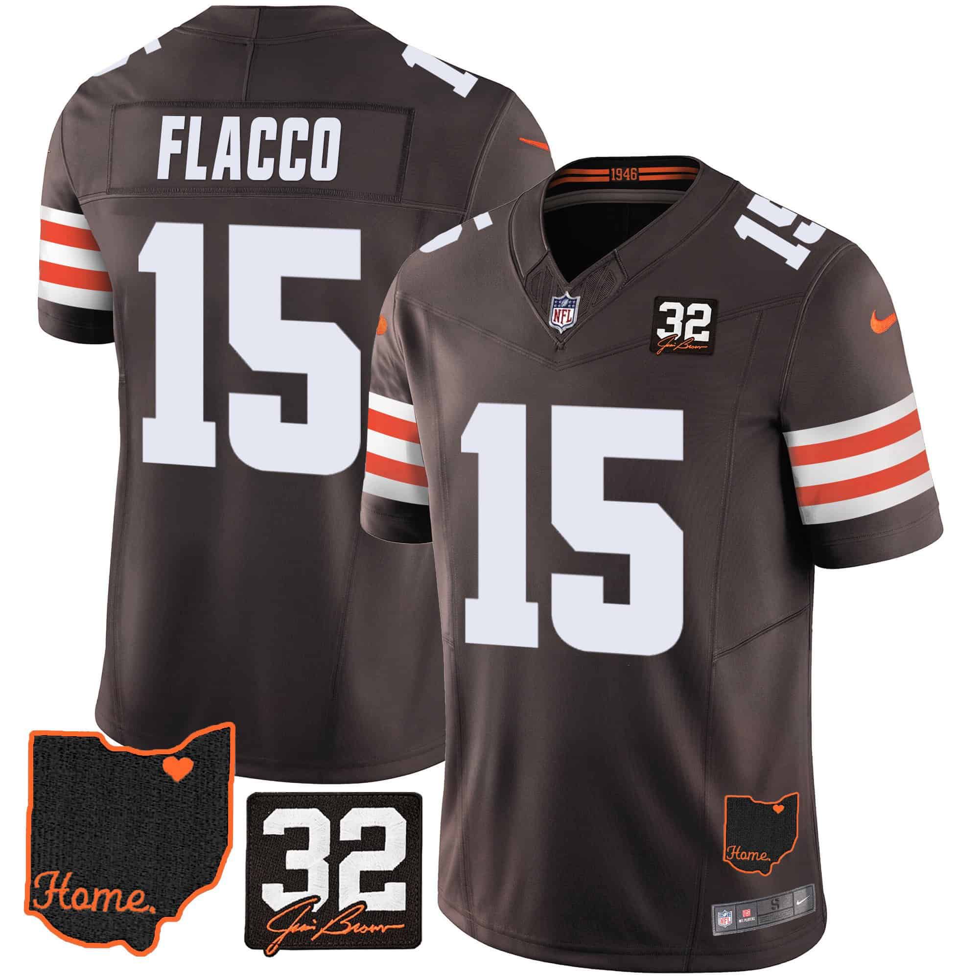 Men Cleveland Browns #15 Flacco Brown Memorial Home Patch 2024 Nike NFL Jersey style 1